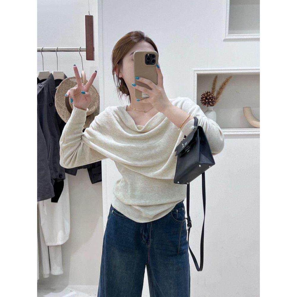 大码微胖mm燕麦色荡领长袖针织衫秋季女装气质上衣显瘦内搭打底衫