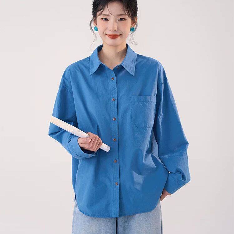 蓝色海洋 纯色长袖衬衫女设计感宽松休闲衬衣上衣