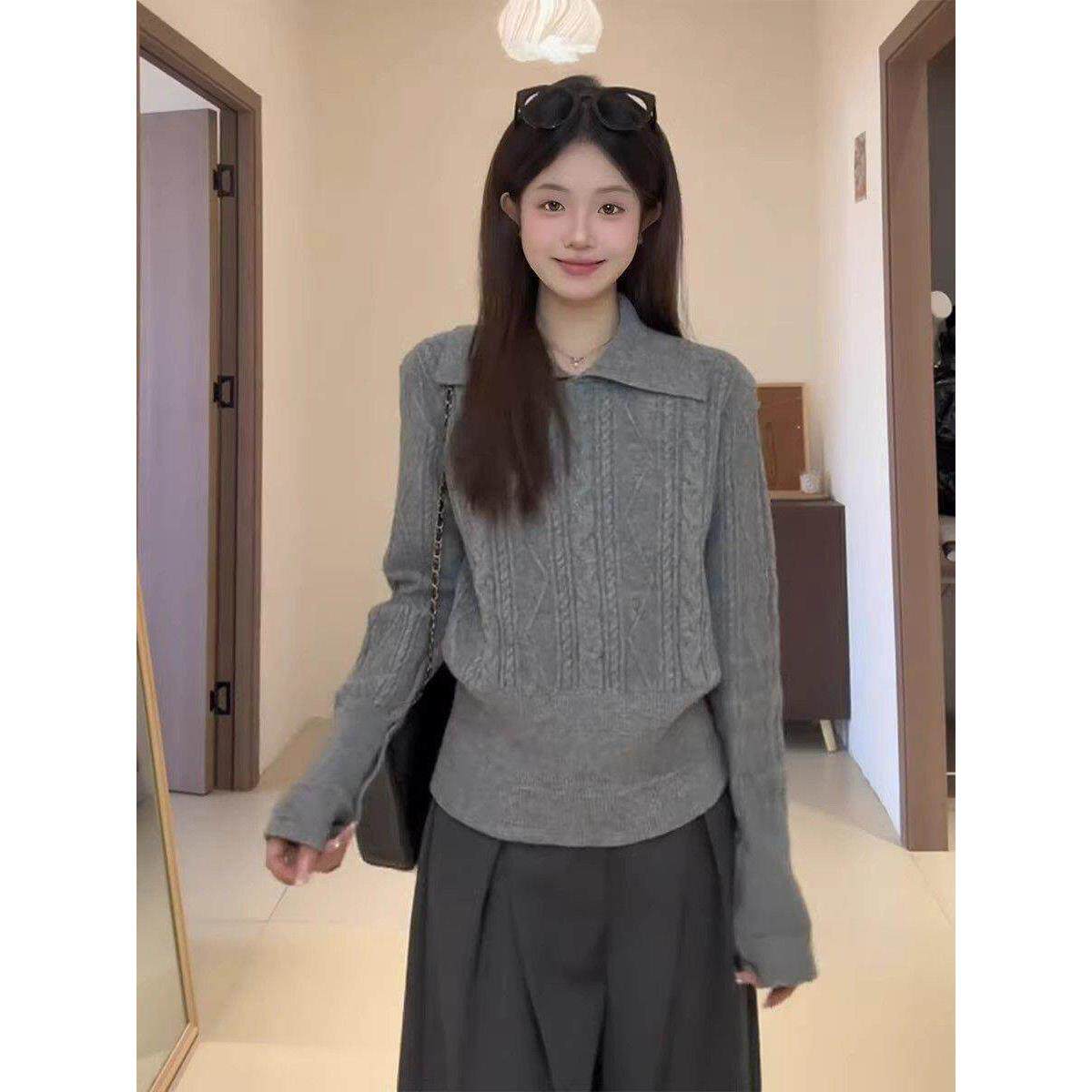 韩系灰色polo领麻花针织衫毛衣女2026早秋内搭高智感打底上衣秋季