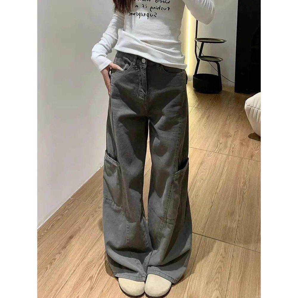灰色阔腿工装裤女秋季新款胖mm大码宽松梨型身材显瘦直筒牛仔裤子