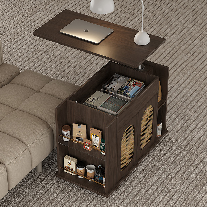 法式胡桃木色移升降边几 2024新款多功能推车小茶几桌沙发侧边柜