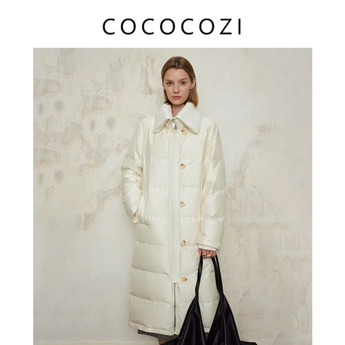 COCOCOZI老钱风桑蚕丝棉混纺针织罗纹翻领保暖长款鹅绒服外套女冬