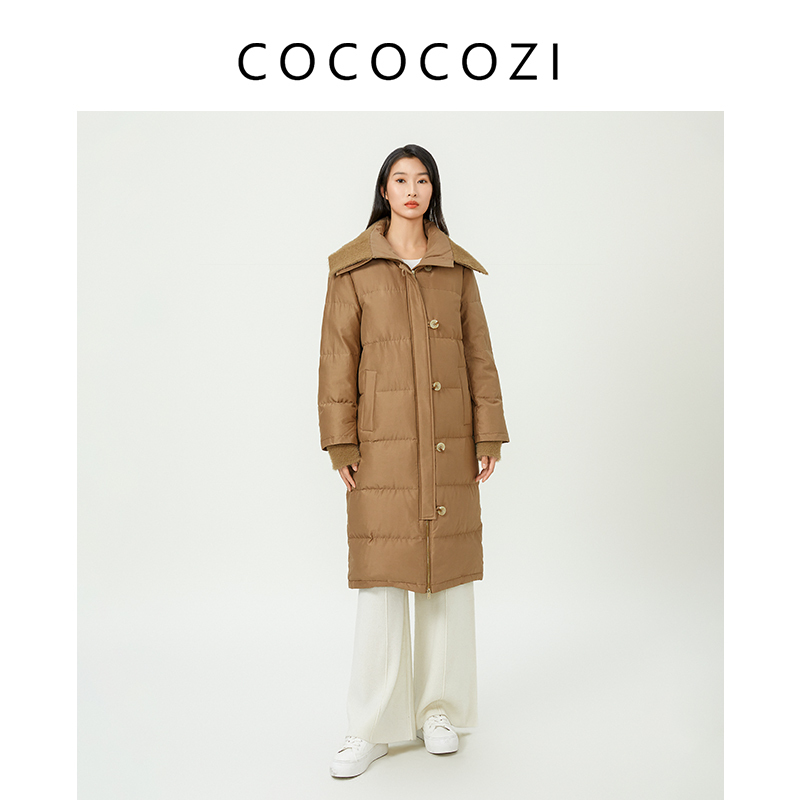 COCOCOZI高知老钱风桑蚕丝棉混纺翻领长款鹅绒服羽绒服外套女冬