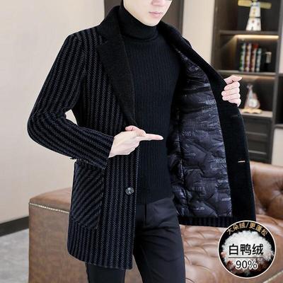 秋冬季毛呢大衣男中长款潮流修身帅气条纹风衣高端加厚羽绒服外套