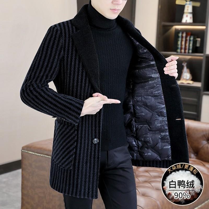 2024年秋冬季毛呢大衣男中长款痞帅气条纹风衣高端加厚羽绒服外套