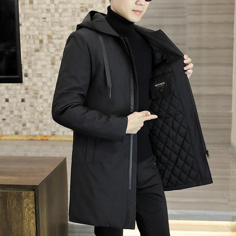 男士中长款棉衣外套秋冬新款夹克棉袄纯色大码风衣连帽棉服男冬装