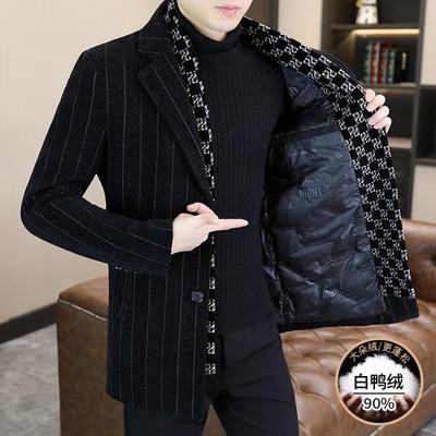 冬季毛呢大衣男中长款加厚条纹西装领风衣休闲男装保暖羽绒服外套