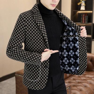 西装男秋冬高端潮流2025新款品牌男装休闲专柜毛呢小西服外套加绒