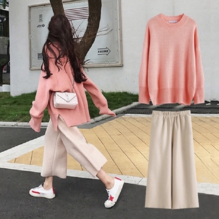 微胖妹妹显瘦针织上衣阔腿裤 大码 胖mm时髦毛衣套装 春装 两件套 女装