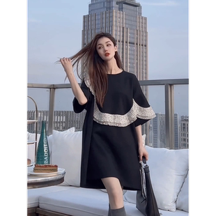 大码女装木耳边连衣裙中长款夏季时尚宽松显瘦短袖气质撞色裙子