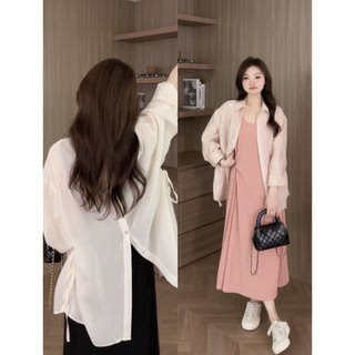 大码女装韩系穿搭2026新款衬衫茶系穿搭显瘦连衣裙盐系轻熟两件套
