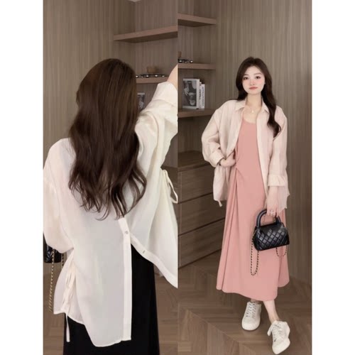 大码女装韩系穿搭2026新款衬衫茶系穿搭显瘦连衣裙盐系轻熟两件套