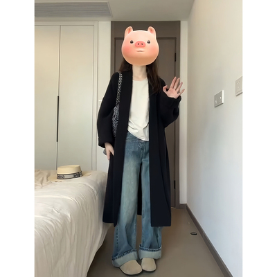 杜希娜黑色中长款毛衣开衫外套