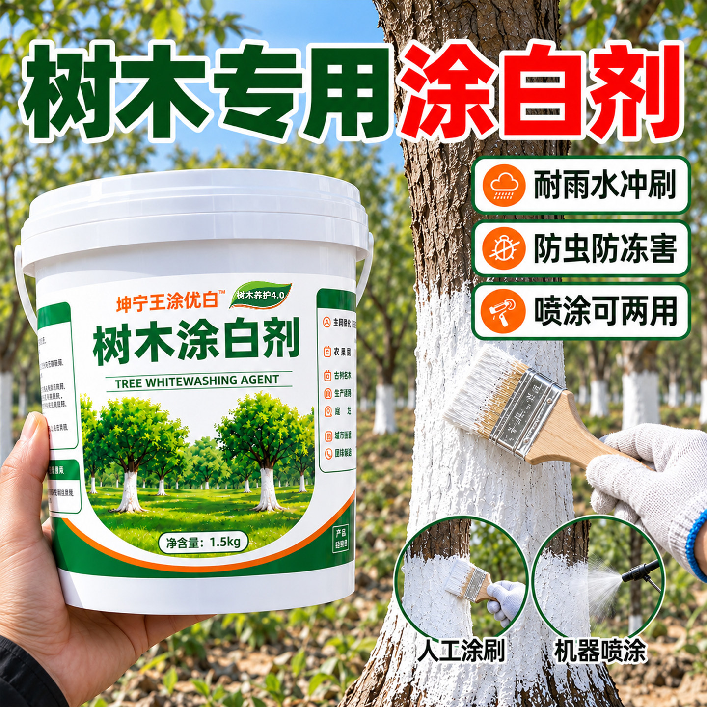 树木树干涂白剂果树园林盆景大树杆刷白通用防虫防寒防冻石灰粉剂图片