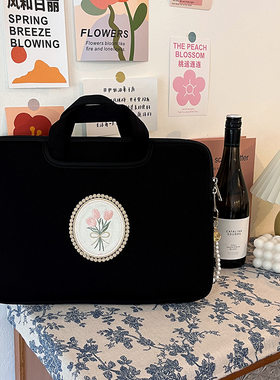 原创设计小众高级感法式珍珠郁金香贴布电脑包14寸女手提笔记本平板收纳包11寸适用苹果Mac华为小米内胆包