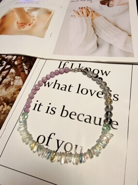 天然水晶闪灵钻紫锂辉冰摩根萤石S925纯银百搭生日礼物46cm