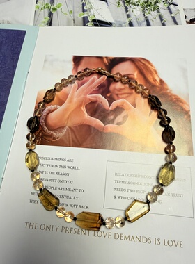 天然水晶茶晶金箔胶花威士忌黄水晶S925纯银串珠原创设计项链46cm