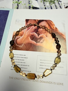 天然水晶茶晶金箔胶花威士忌黄水晶S925纯银串珠原创设计项链46cm