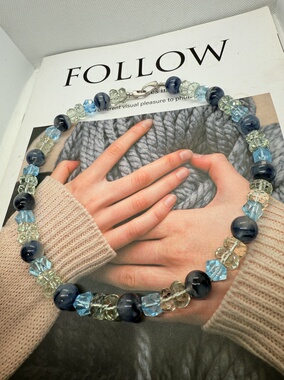 天然水晶绿水晶托帕蓝兔毛纯银串珠原创设计毛衣链项链46cm