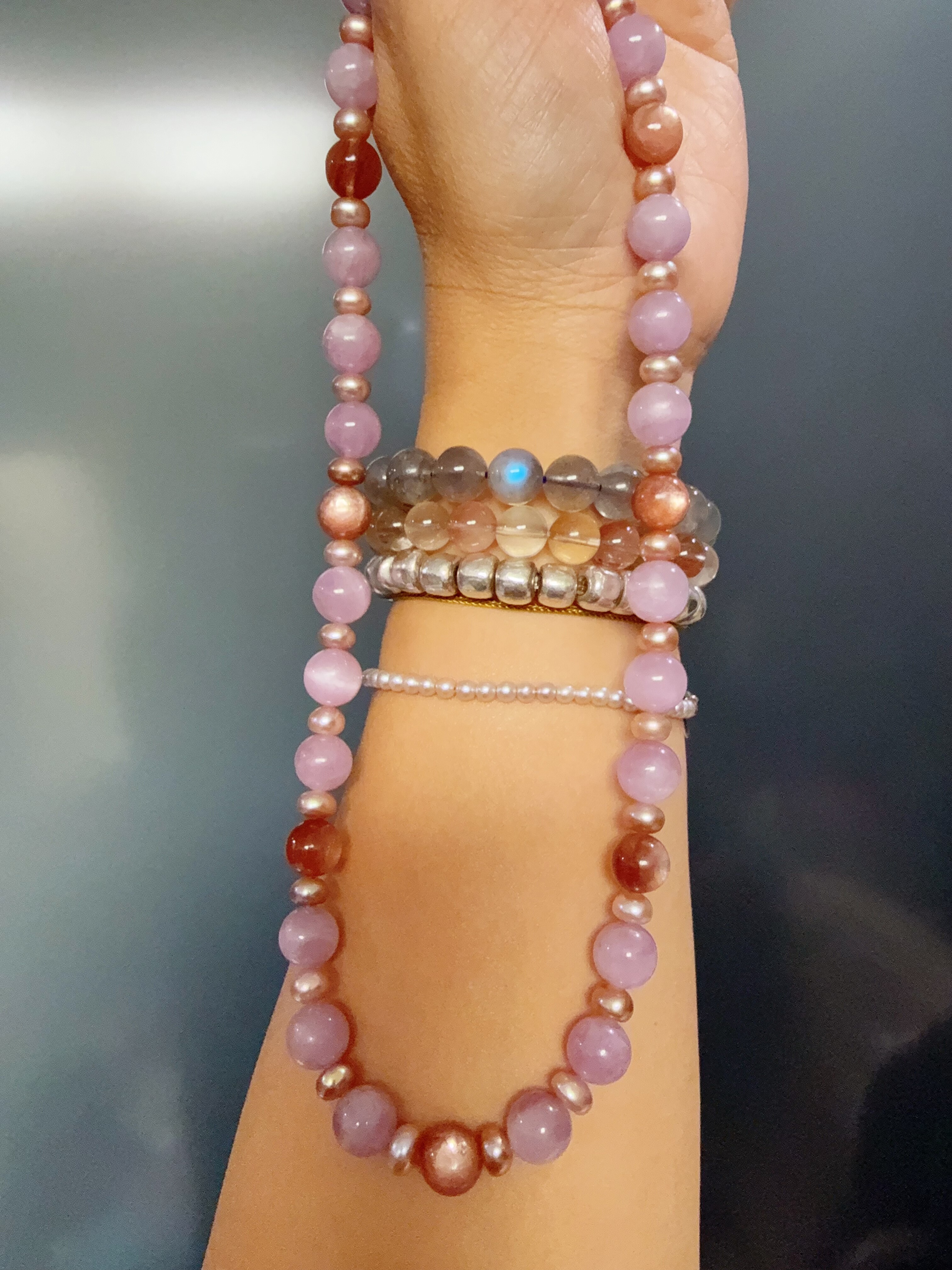 天然水晶紫锂辉粉锂云母珍珠S925银手作项链46cm