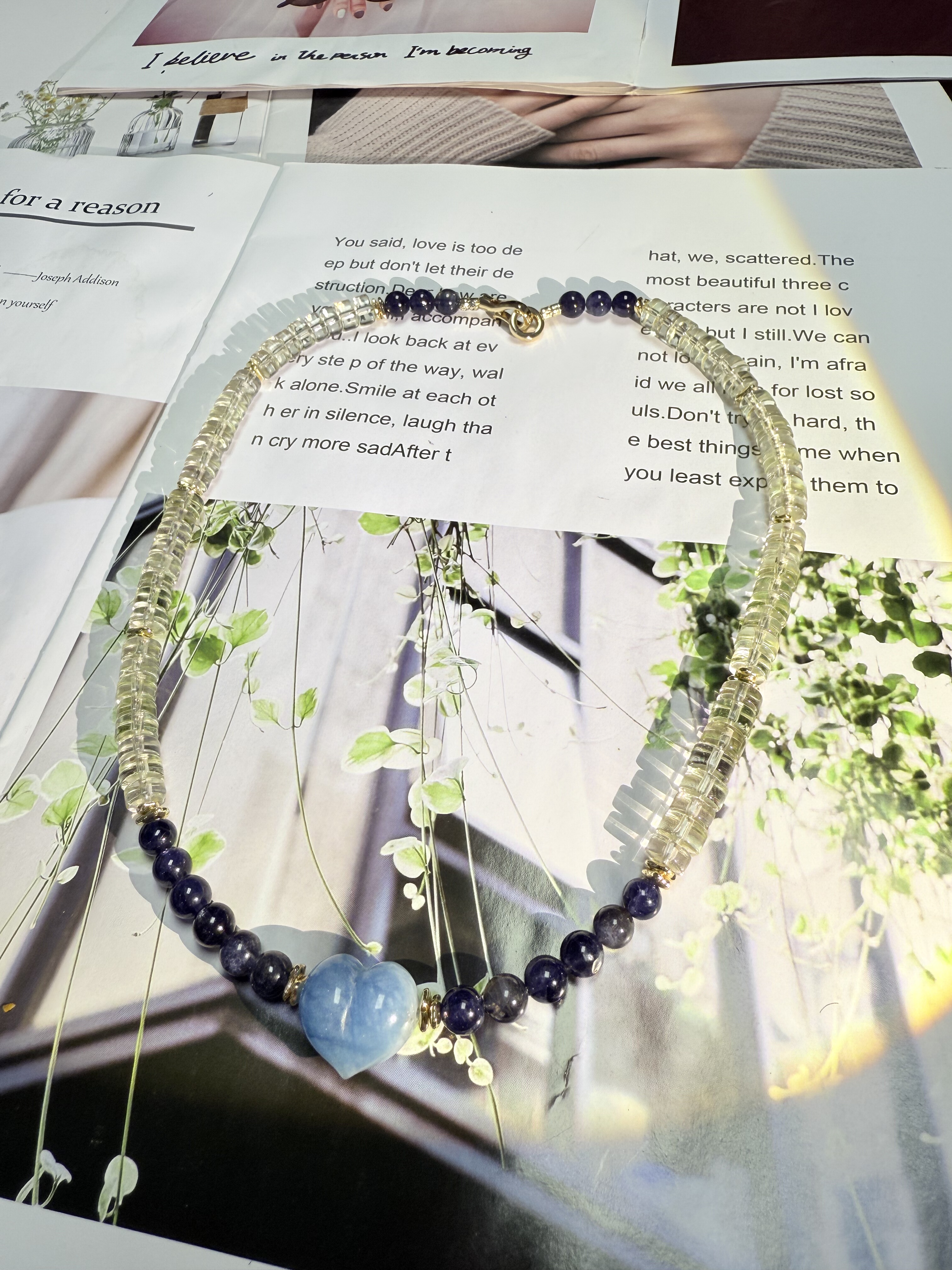 天然水晶海蓝宝堇青黄水晶铜镀真金原创设计闺蜜项链46cm,饰品/流行首饰/时尚饰品新,手饰/手串,淘宝优惠券,粉丝福利购,淘宝优惠卷