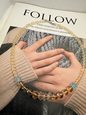 天然水晶安德森托帕金箔胶花绿水晶S925纯银原创串珠项链46cm