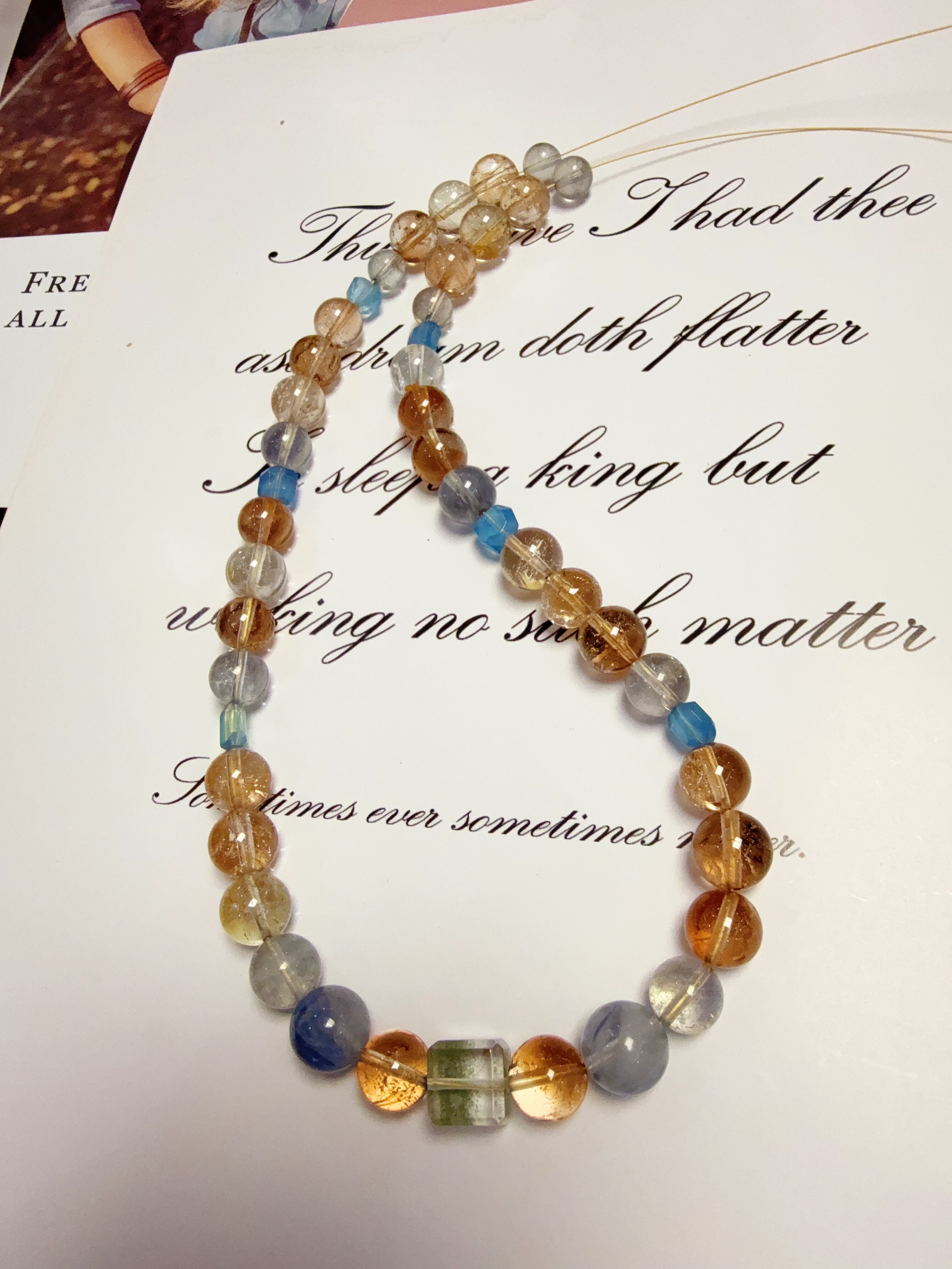 天然水晶香槟托帕黑爆闪海蓝宝蓝晶绿幽灵S925银项链46cm