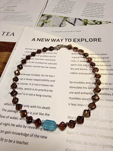 天然水晶茶晶海蓝宝串珠手作原创设计项链46cm