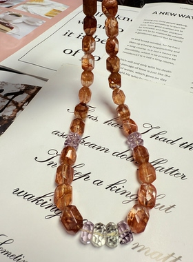 天然水晶红胶花紫水晶绿水晶S925纯银串珠原创设计项链46cm送闺蜜