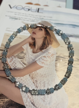 天然蓝托帕绿水晶橄榄海蓝宝黄铜镀金S925纯银串珠原创设计项链