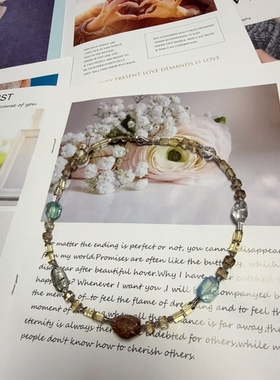 天然水晶魔晶宙斯萤石海蓝宝绿发晶黑金超七设计项链46cm