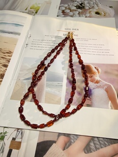 天然蜜蜡琥珀金珀血丝珀托帕石榴石串珠原创设计项链46cm