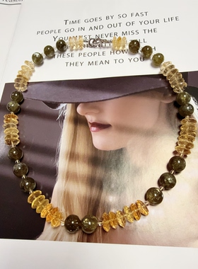 天然水晶黄水晶绿祖母晶白水晶S925纯银串珠原创设计项链46cm