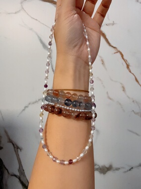 天然水晶萤石珍珠串珠铜镀真金原创设计送闺蜜生日礼物项链46cm