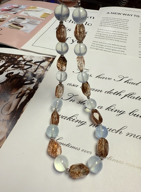 天然水晶黑金超七海蓝宝S925纯银串珠原创设计项链46cm