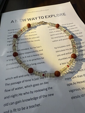 天然水晶黄水晶南红玛瑙铜镀真金串珠原创设计项链42cm