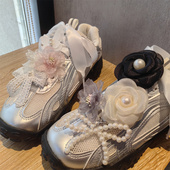 韩国东大门网纱花朵超仙珍珠蕾丝蝴蝶结鞋 扣 饰鞋 花高级感芭蕾鞋 装