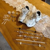 扣少女感高级感珍珠蝴蝶结装 韩版 花鞋 跟链条宝石水钻鞋 饰潮 欧美鞋