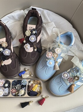 适配miu系小香风珍珠花朵鞋扣高级感流苏挂件蕾丝网纱鞋带装饰潮