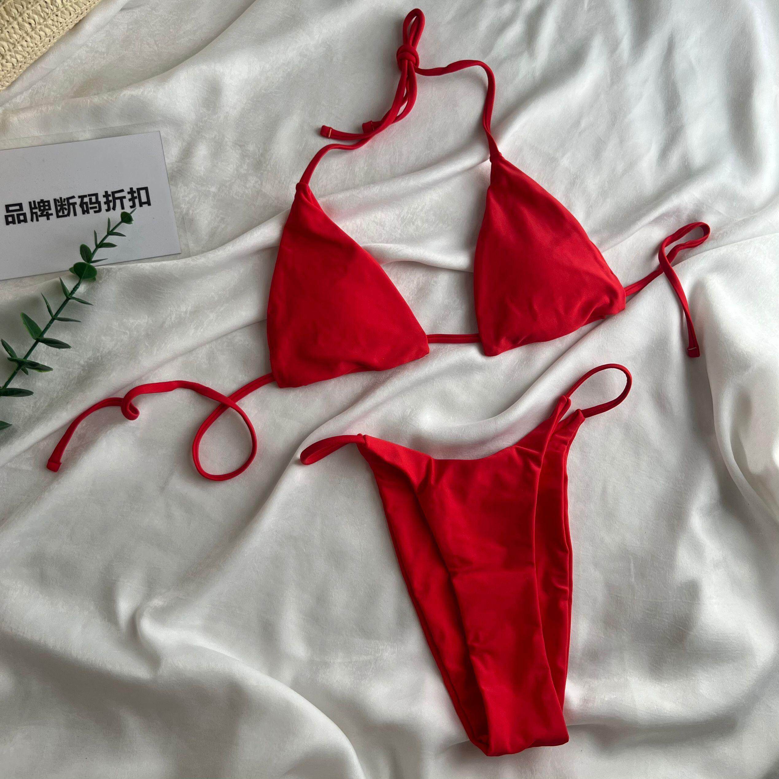 品牌断码折扣】欧美风性感比基尼辣妹三点式绑带分体泳衣女