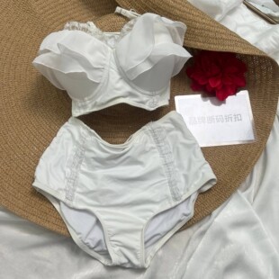 断码 折扣微瑕钢托小胸聚拢分体高腰复古甜美度假风游泳衣比基尼