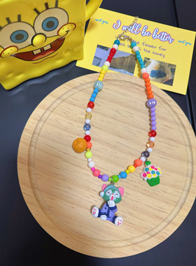 Liya手作南瓜甜点彩色串珠项链画家猫吊坠配饰个性甜酷锁骨链颈链