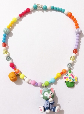 原创童趣睡眠达菲熊雪莉玫星黛兔画家帽卡通彩色串珠短款项链颈链