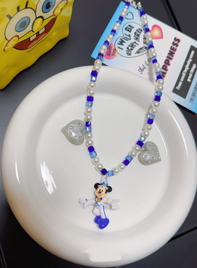 Liya手作正版中古礼服米奇小众个性蓝色水晶项链童趣卡通潮酷配饰
