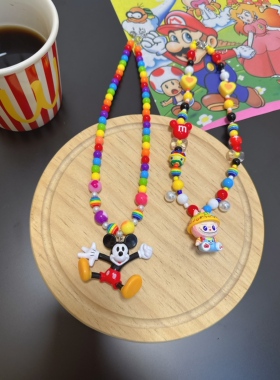 韩系彩色卡通labubu迪士尼米奇米老鼠米妮多巴胺串珠项链女童礼物