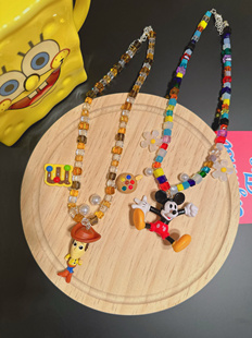 日韩美拉德咖色水晶彩色串珠项链胡迪士尼米奇米老鼠吊坠锁骨链女