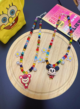 原创日韩迪士尼米老鼠西瓜猪草莓熊吊坠水晶项链可爱卡通拍照项链