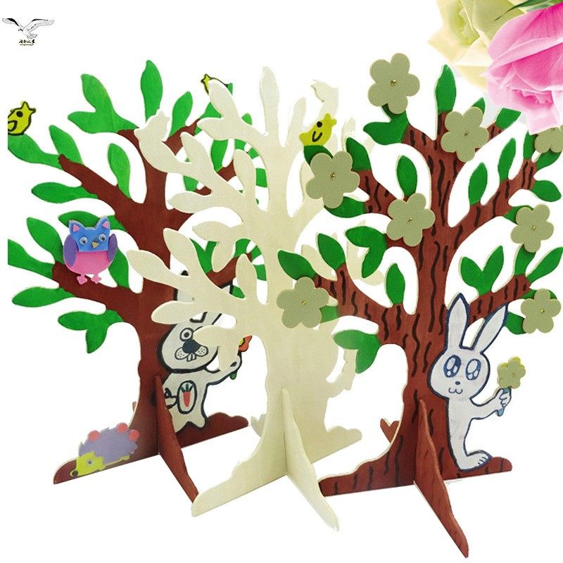 白坯木制立体智慧树许愿树心愿树 儿童益智美术diy绘画涂色材料包