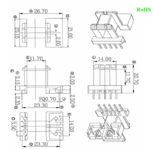EF20加宽高频变压器骨架卧式5+2针排距=23.3mm有配套磁芯销售