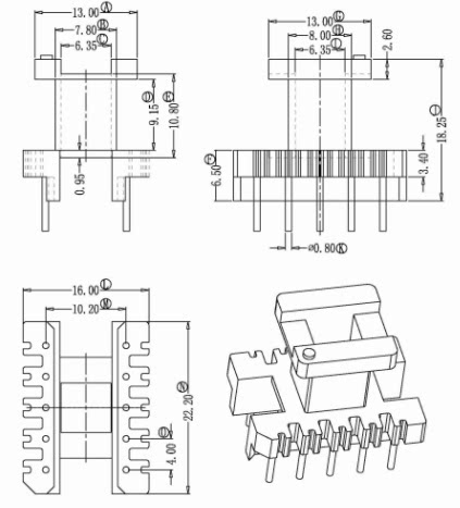 EE22磁芯直插骨架配套立5+5针排距=10.2mm变压器材料